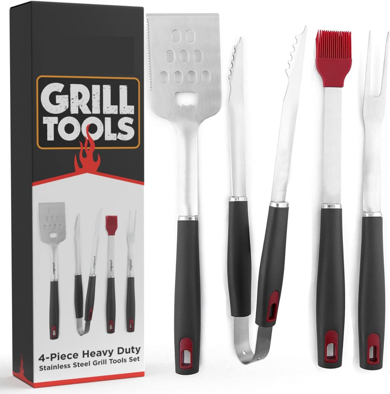 Heavy Duty  BBQ Grill Tools Set with Extra Thick Stainless Steel Spatula, Fork, Tongs, Silicon Brush & Grill Gloves