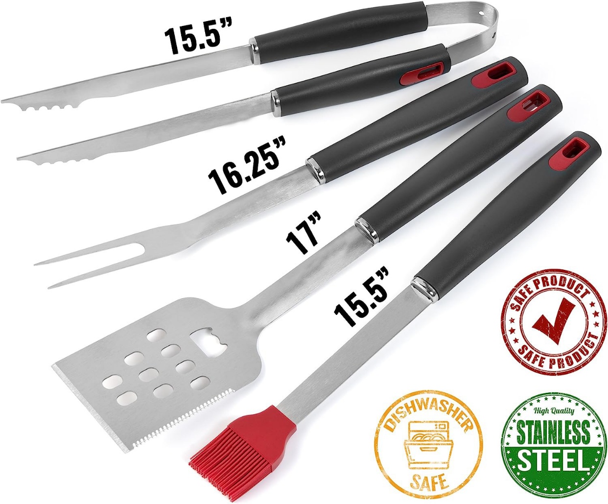 Heavy Duty  BBQ Grill Tools Set with Extra Thick Stainless Steel Spatula, Fork, Tongs, Silicon Brush & Grill Gloves